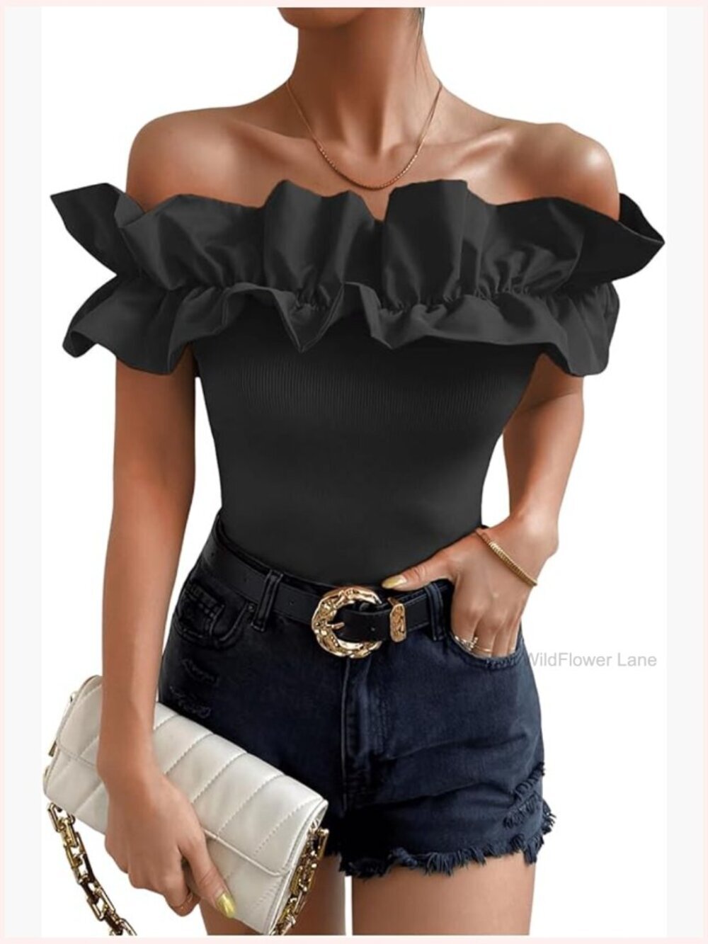 Off Shoulder Ruffle Trim Short Sleeve Blouse Tunic Top